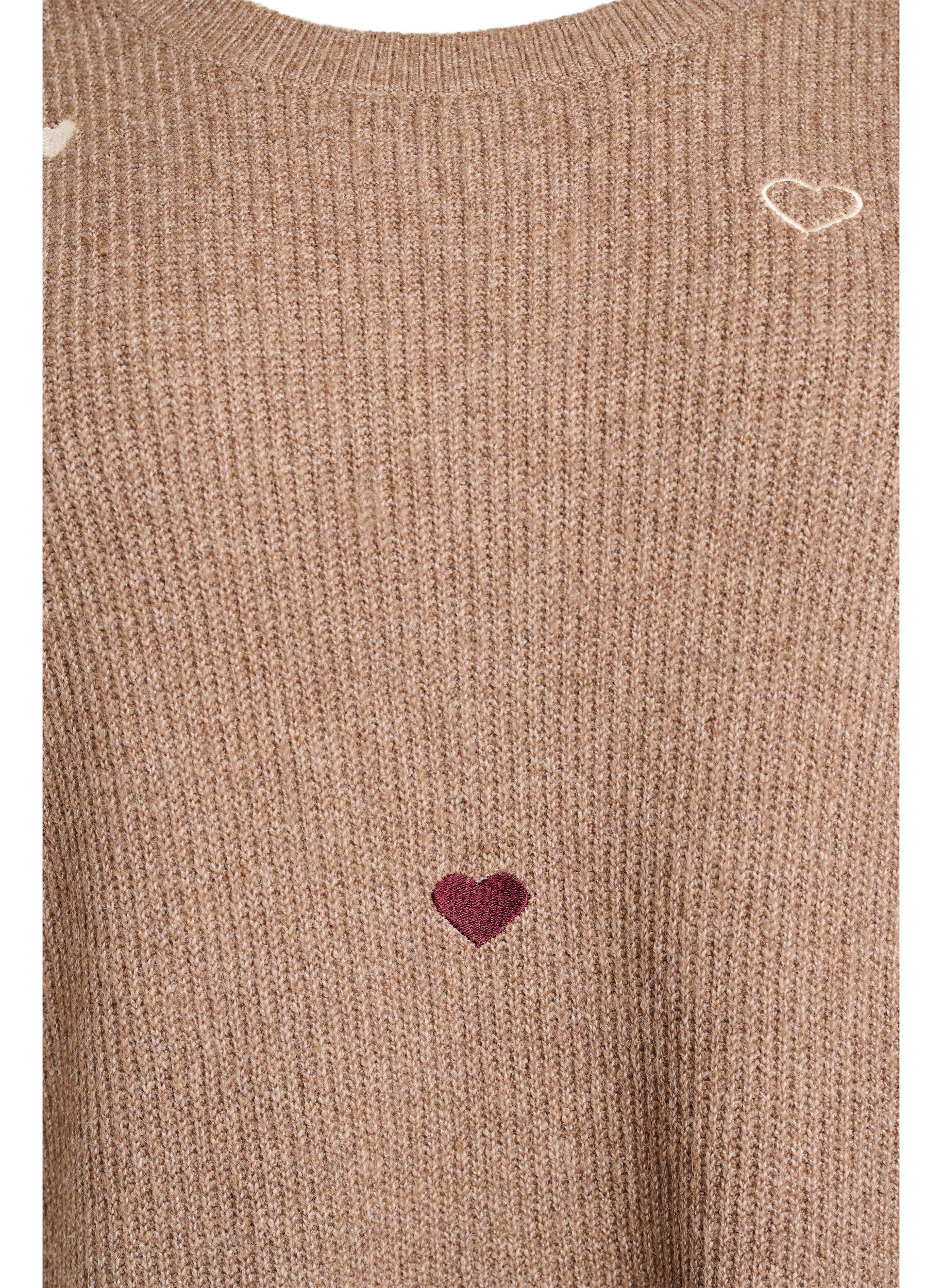 ZizziStrikbluse med hjerter og 3/4 &aelig;rmer, Brun, Packshot image number 2