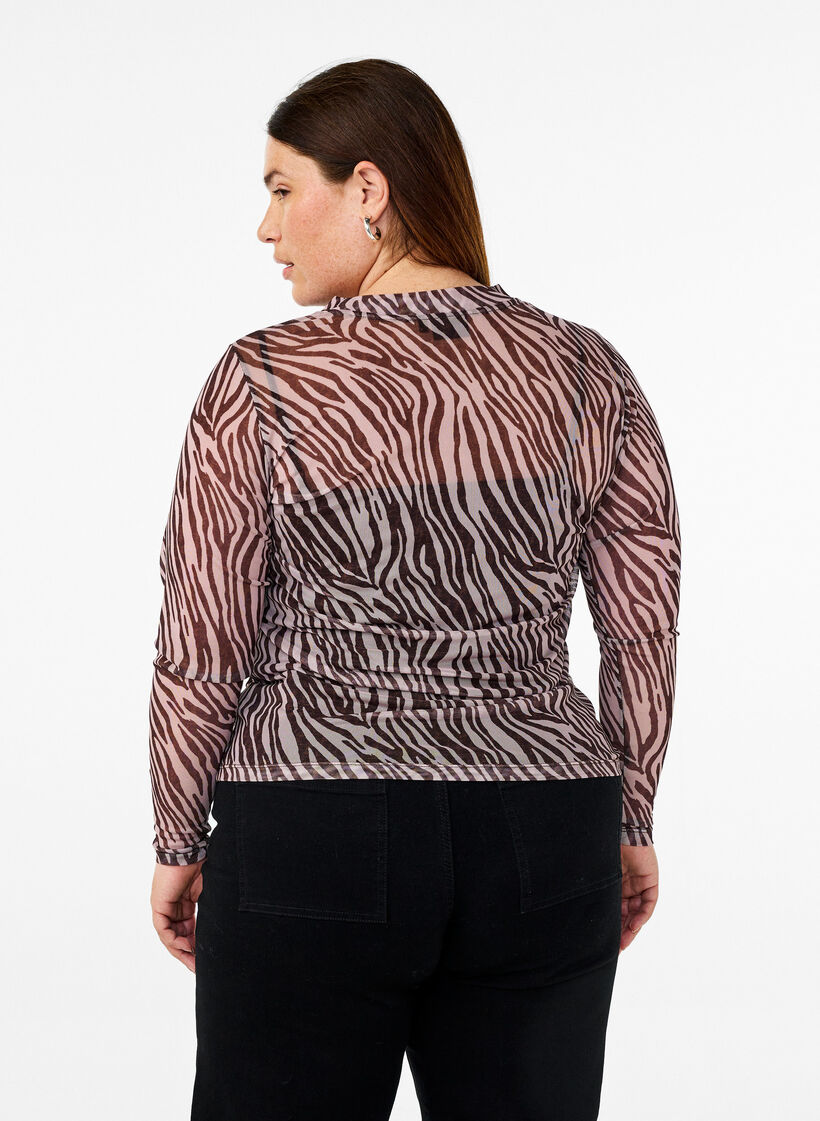 Mesh bluse med zebramønster, Sort, Model image number 2