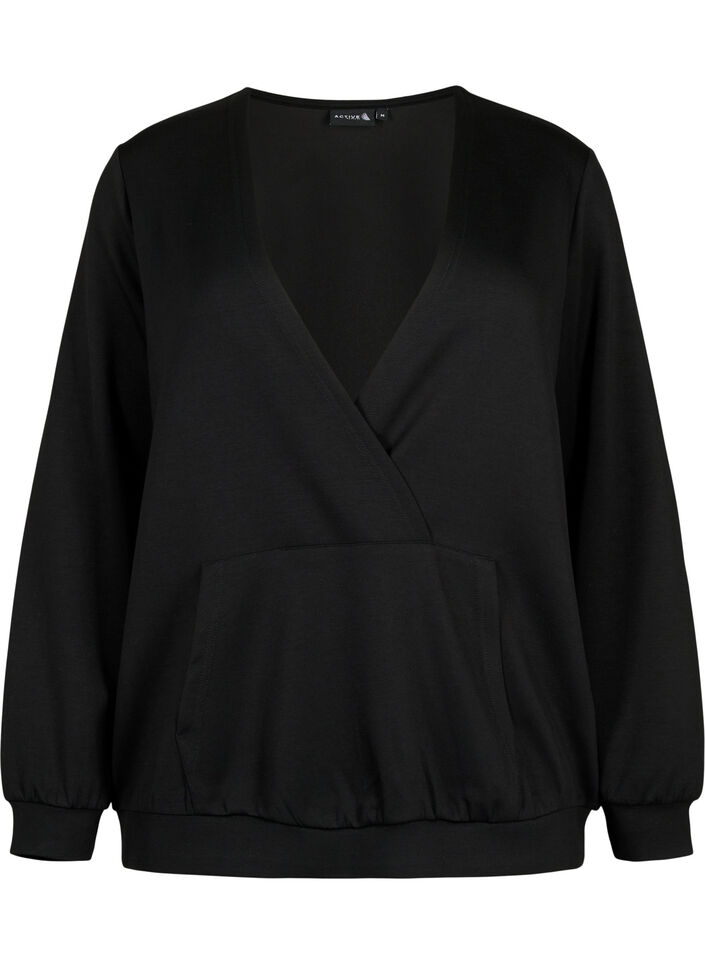 Sweatshirt med v-hals og lomme, Black, Packshot image number 0