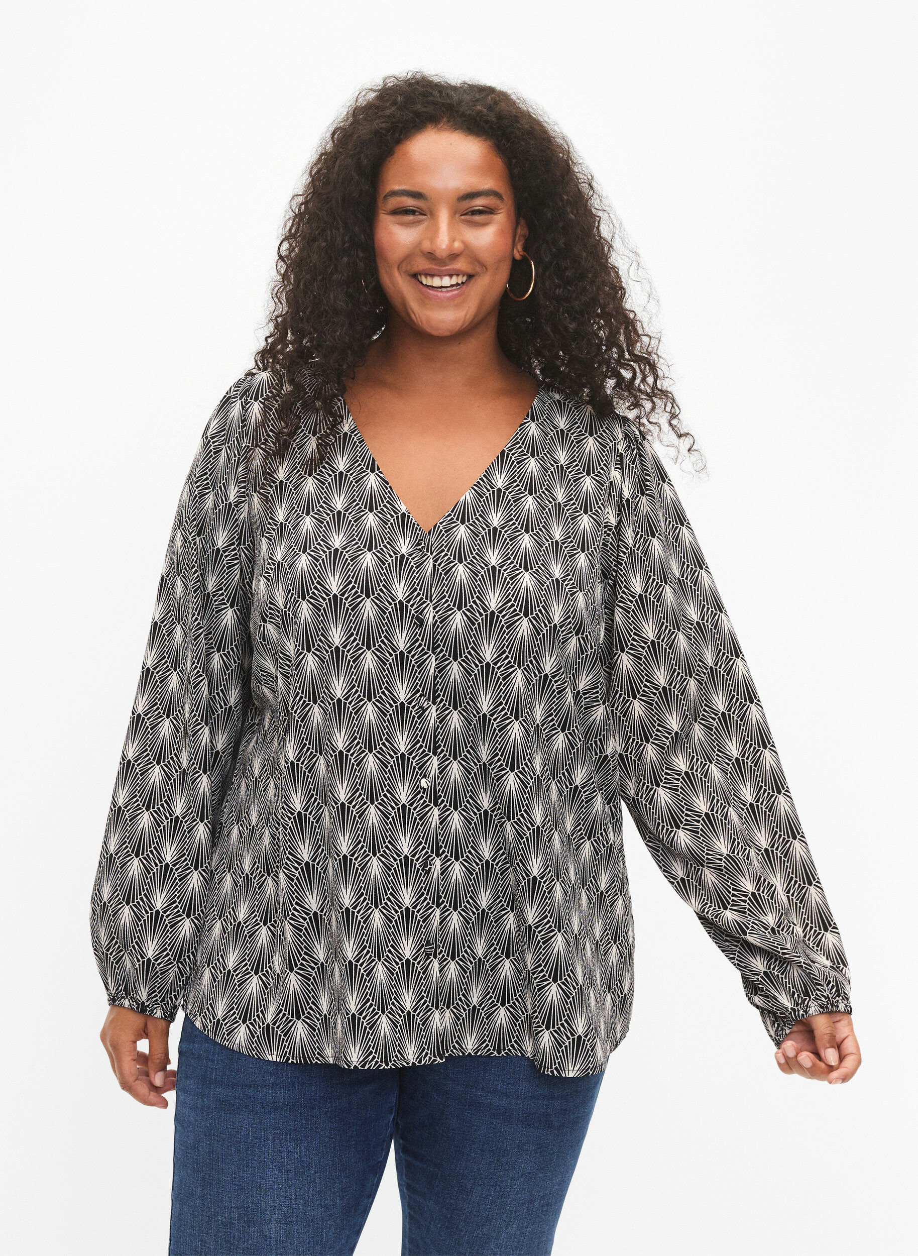 Zizzi Skjortebluse med v-hals og print, Birch Graphic AOP, Model image number 0