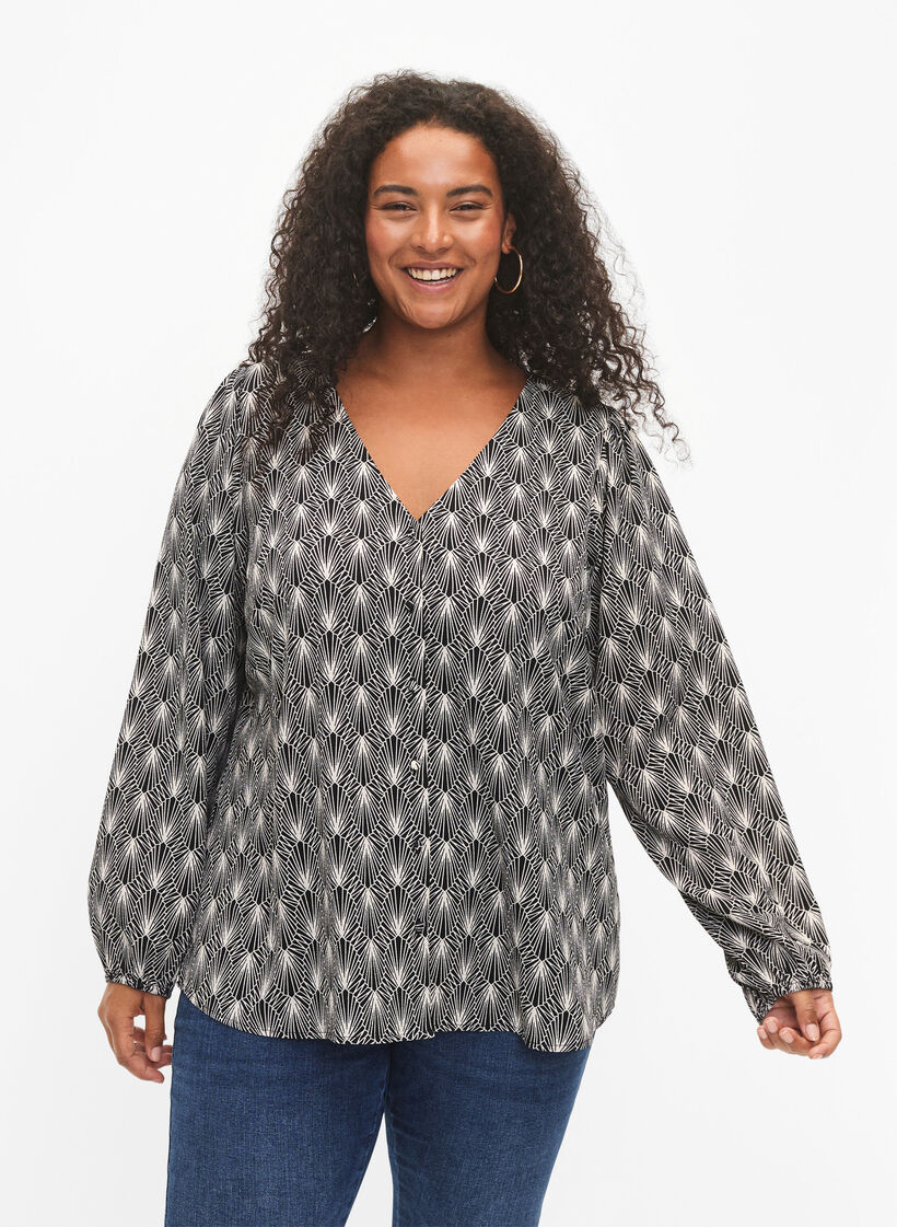 Skjortebluse med v-hals og print, Birch Graphic AOP, Model image number 0