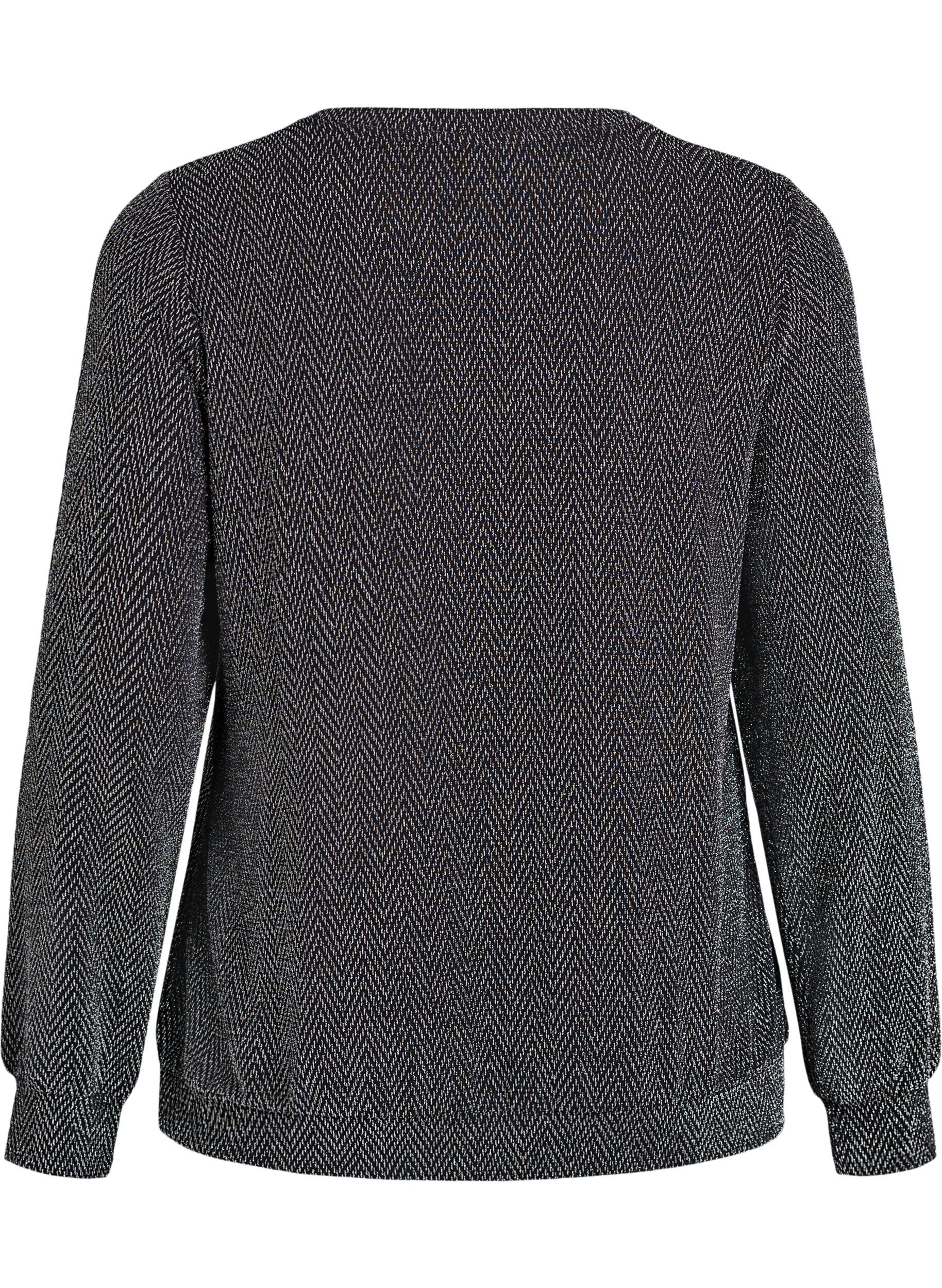 Zizzi Bluse med sildebensm&oslash;nster og glittertr&aring;d, Sort, Packshot image number 1