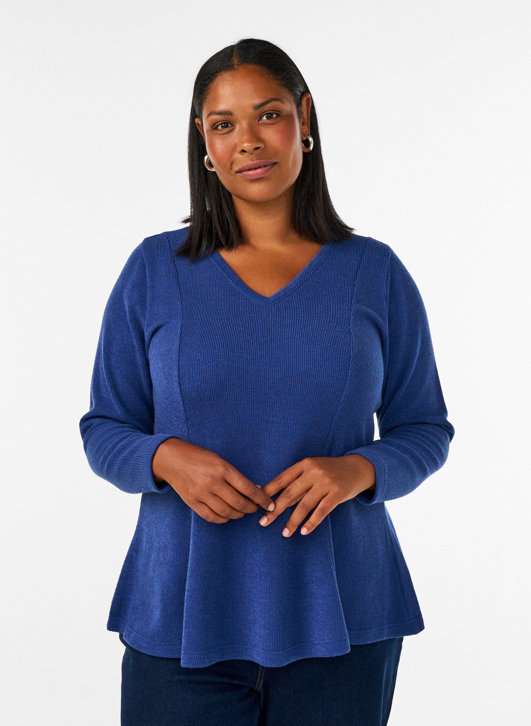 ZizziJerseybluse med ribstruktur og A-form, Bl&aring;, Model image number 0