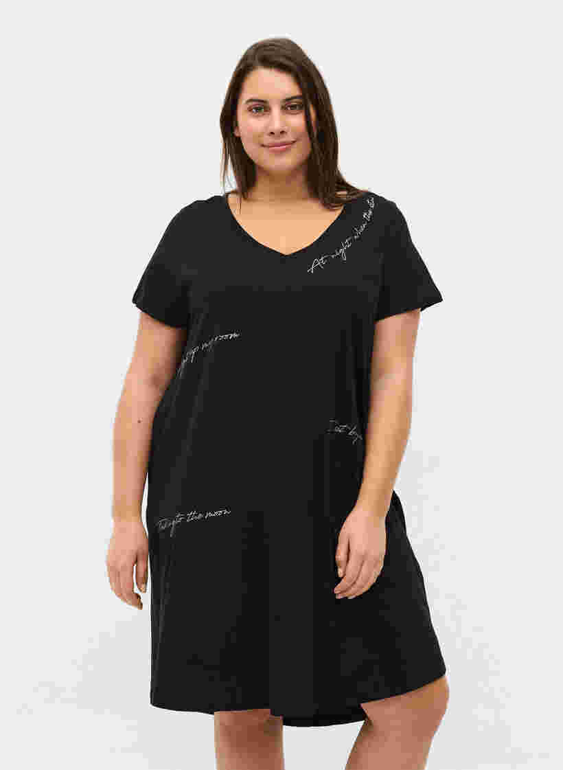Kortærmet bomulds natkjole med print, Black Silv Foil Text, Model