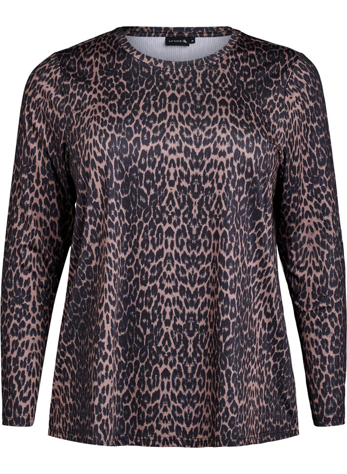 Langærmet træningsbluse med leopardprint, Brun, Packshot image number 0