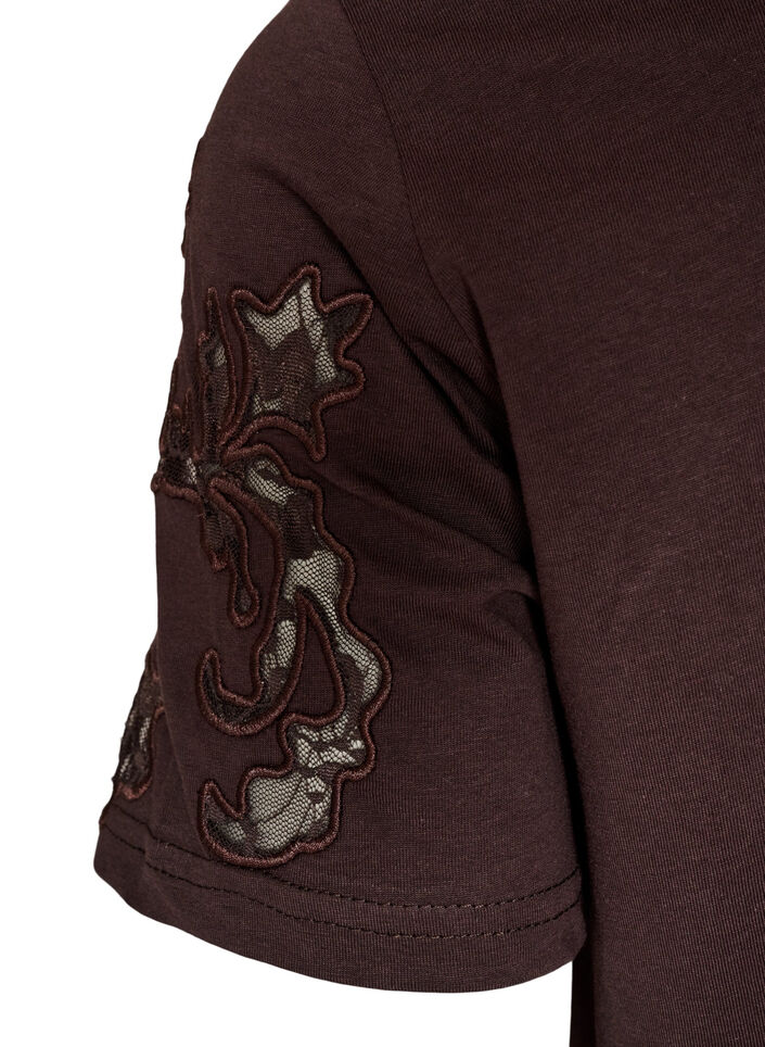 T-shirt i bomuld med blondeapplikationer, Brun, Packshot image number 3
