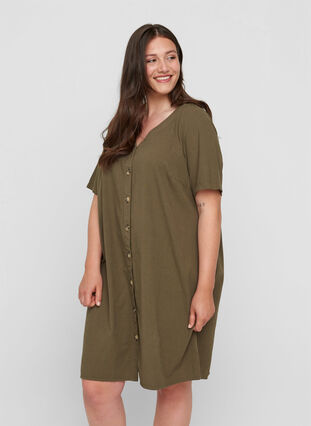 Kortærmet bomulds kjole med knapper, Ivy Green, Model image number 0