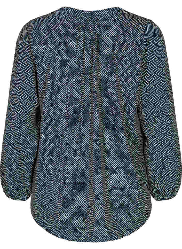 Langærmet bluse med print og v-hals, Blue Graphic, Packshot image number 1