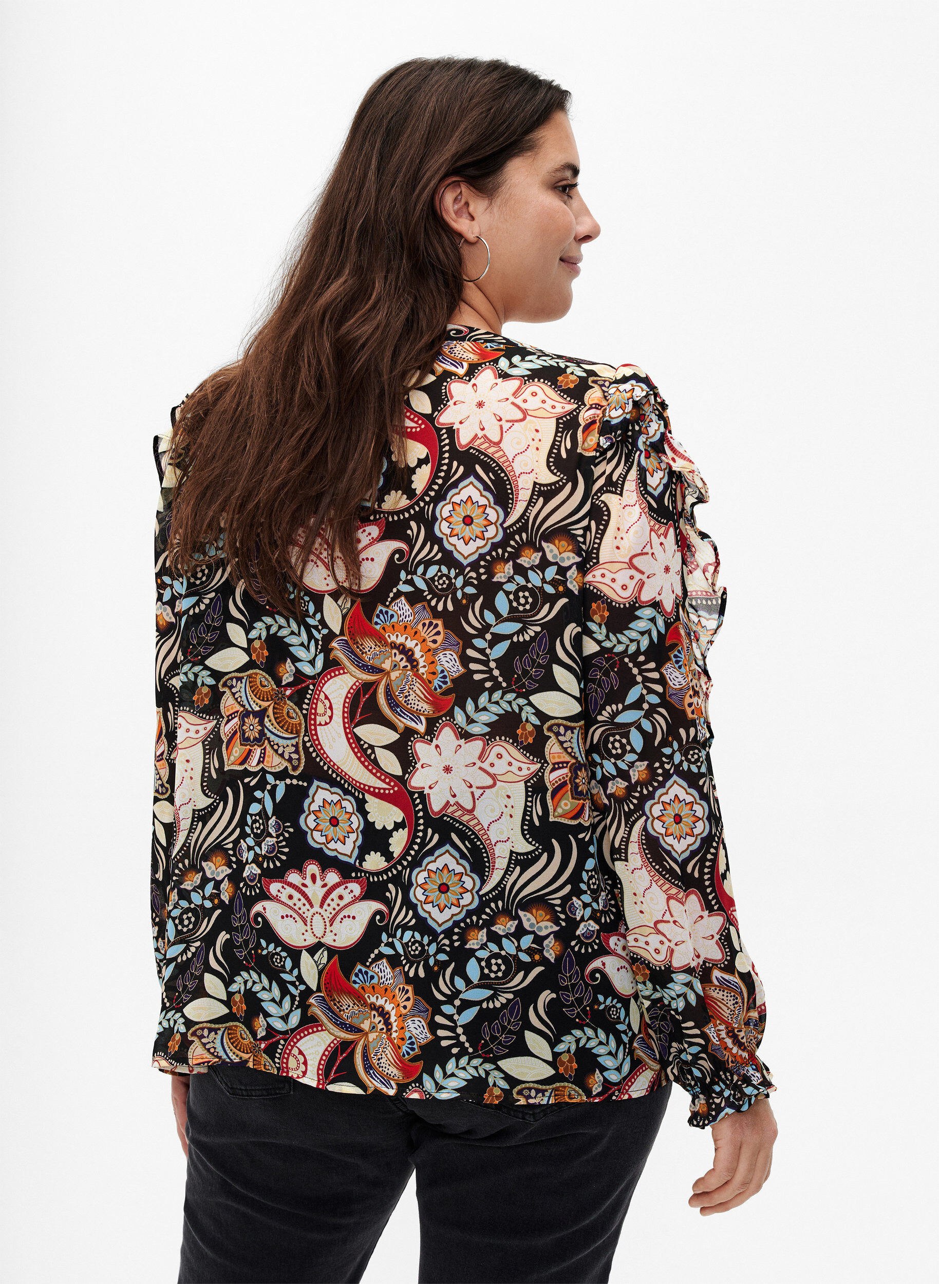 Zizzi Skjortebluse med fl&aelig;ser og paisleyprint, Black Paisley, Model image number 1