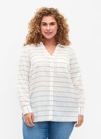 Skjortebluse med knaplukning, White Taupe Stripe, Model
