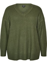 Lang ribstrikket bluse med V-hals, Gr&oslash;n