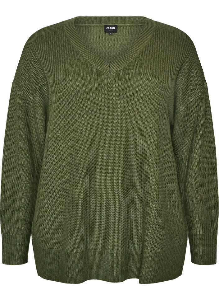 Lang ribstrikket bluse med V-hals, Gr&oslash;n, Packshot image number 0