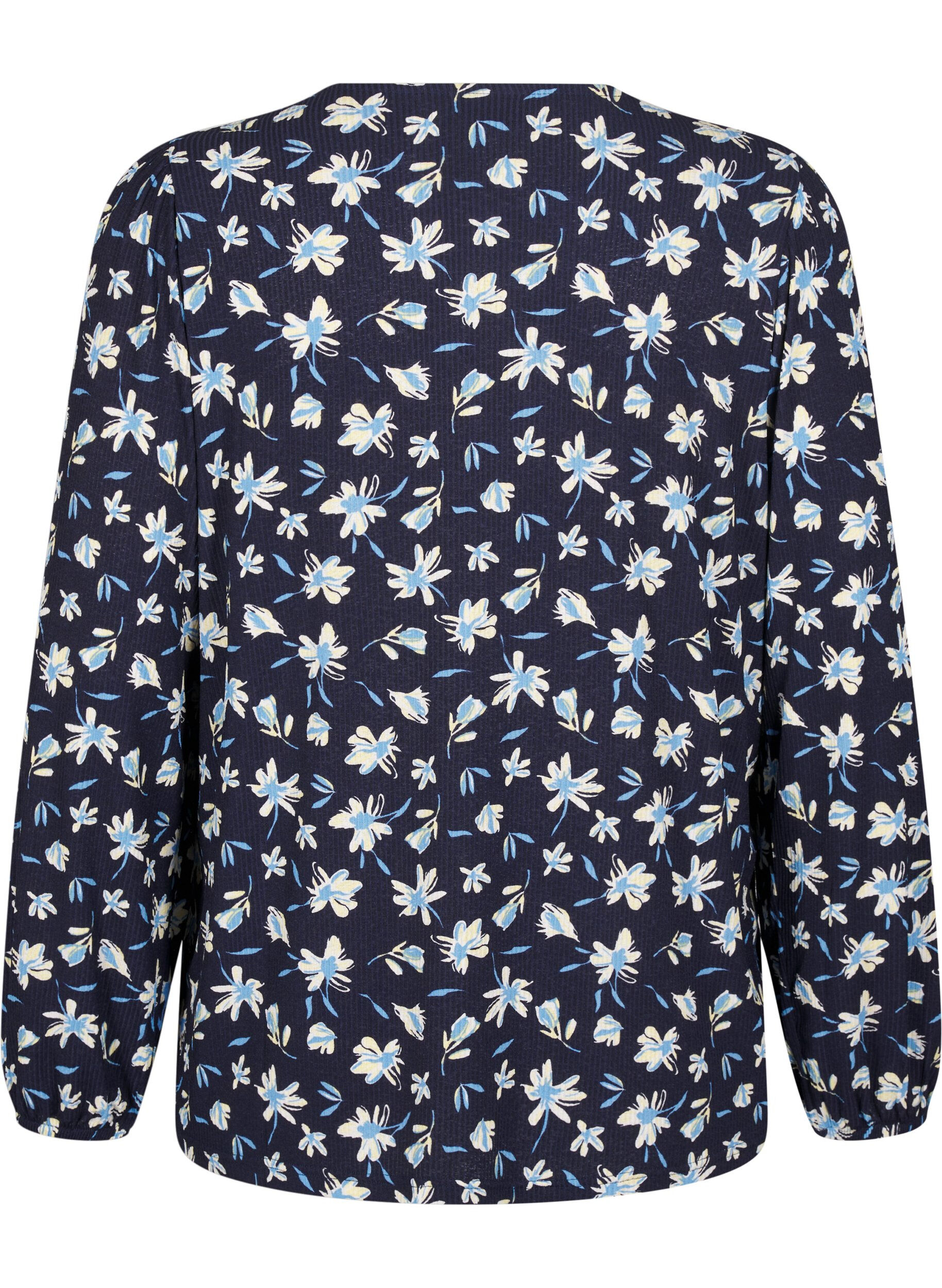Zizzi Bluse med lange &aelig;rmer og blomsterprint, Bl&aring;, Packshot image number 1
