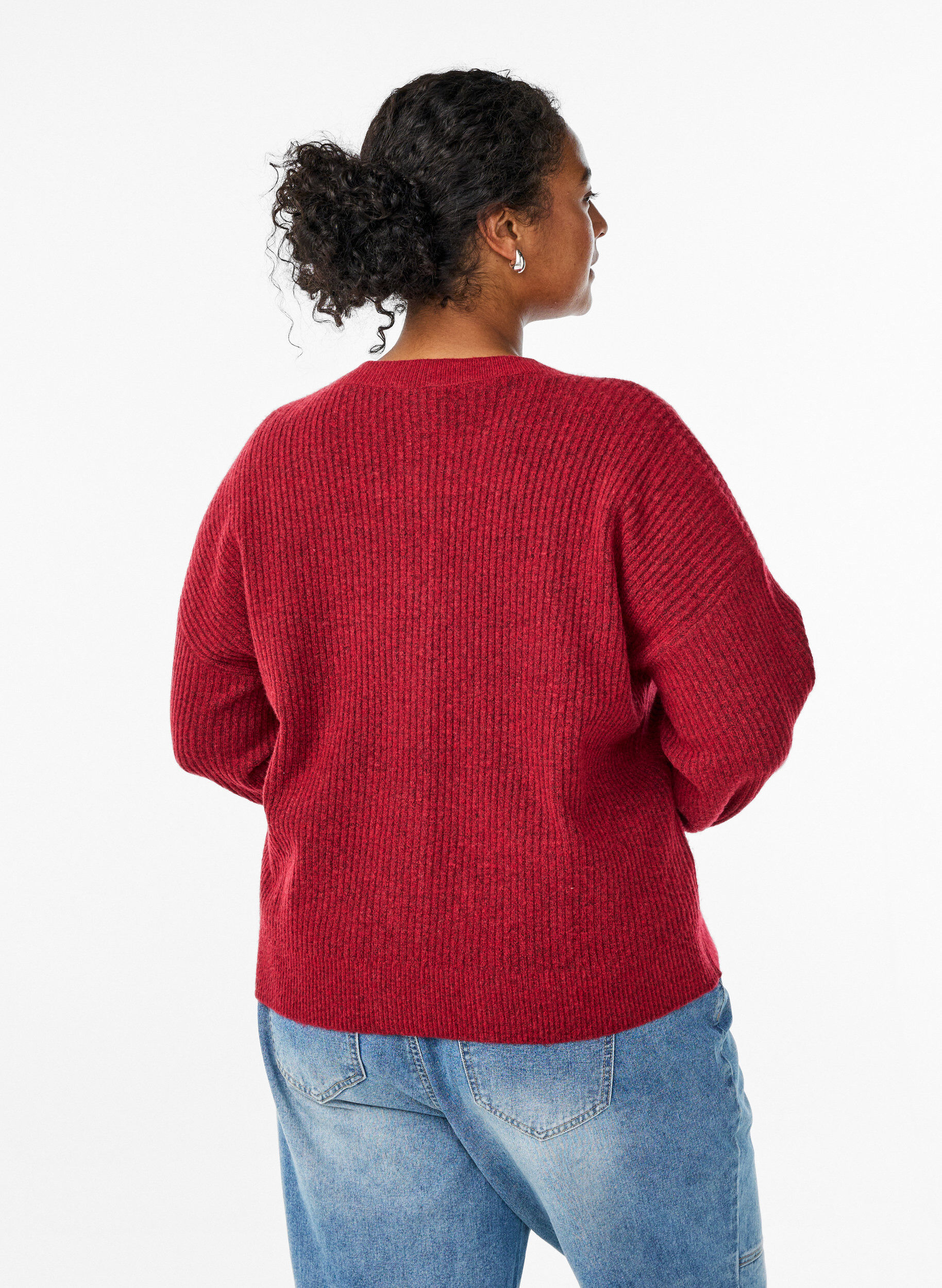 ZizziRibstrikket cardigan med knapper, R&oslash;d, Model image number 1
