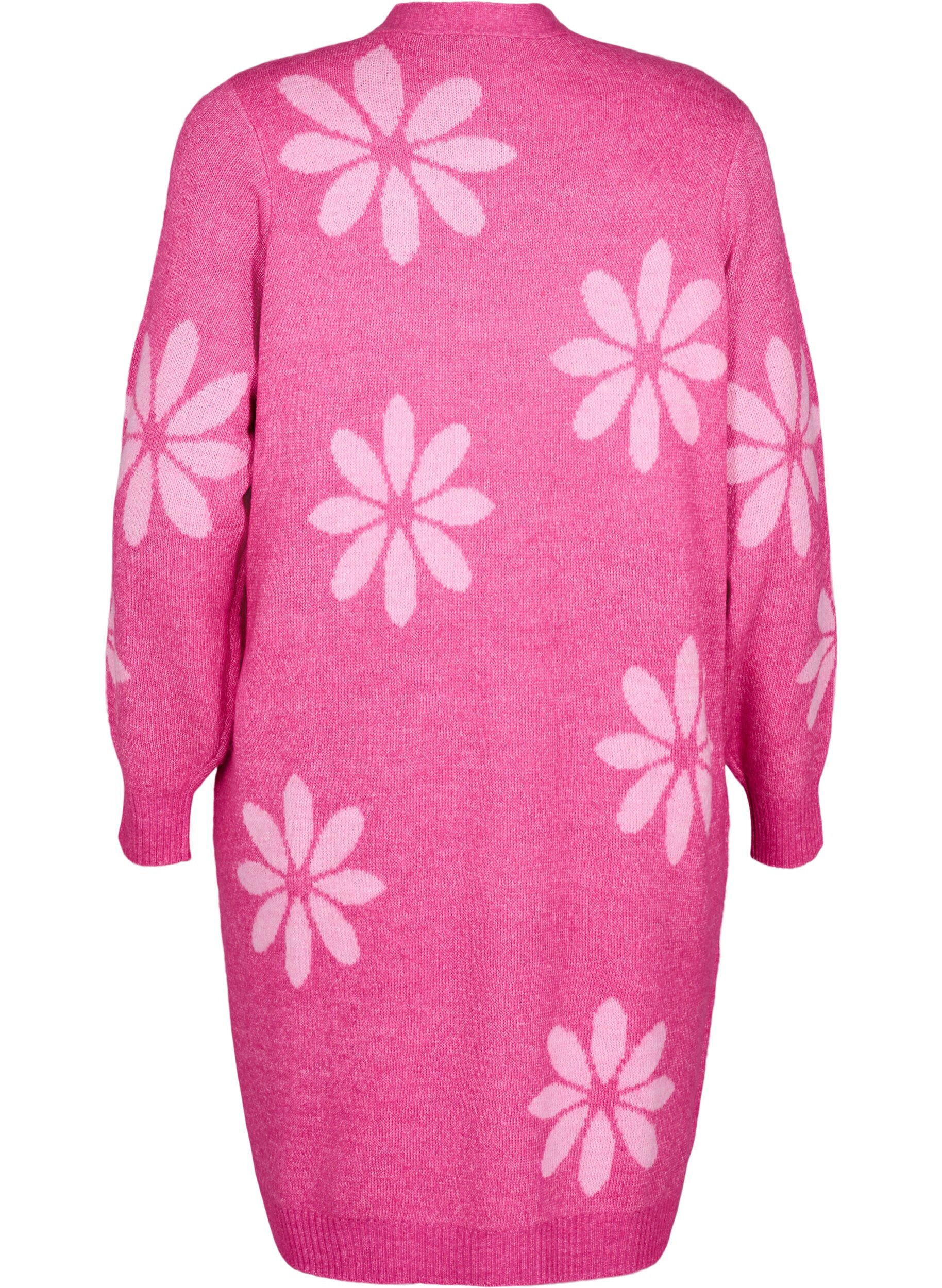 Zizzi Lang strik cardigan med blomster, Raspberry Rose Comb, Packshot image number 1