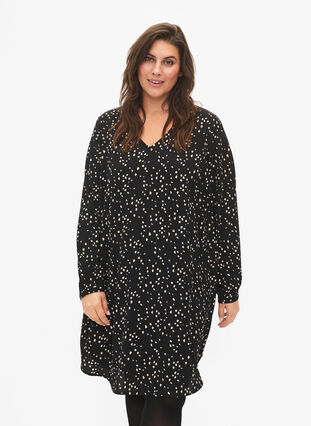 V-hals kjole med print, Black Dot AOP, Model image number 0