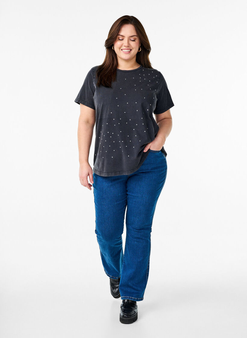 T-shirt i økologisk bomuld med rhinestone, Grå, Model image number 1