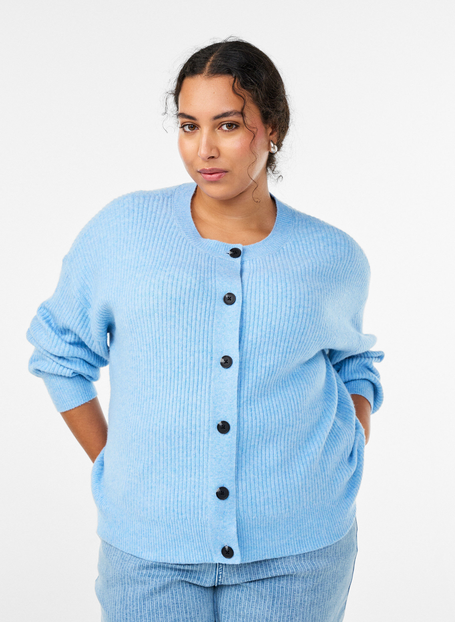 Ribstrikket cardigan med knapper, Bl&aring;, Model