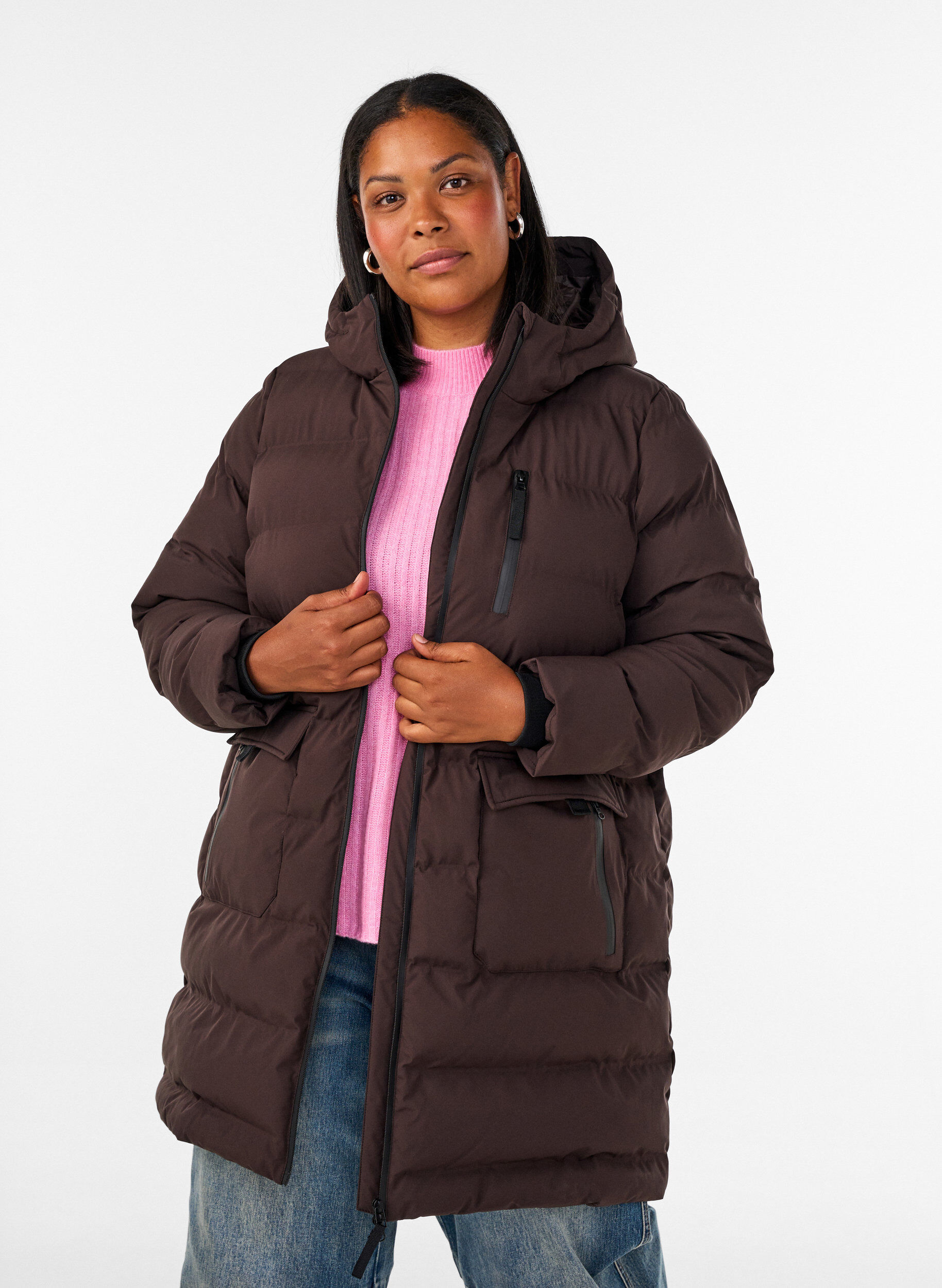 ZizziPufferfrakke med h&aelig;tte og lommer, Brun, Model image number 0