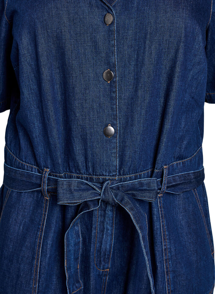 Denim jumpsuit med korte &aelig;rmer og bindeb&aelig;lte, Bl&aring;, Packshot image number 2