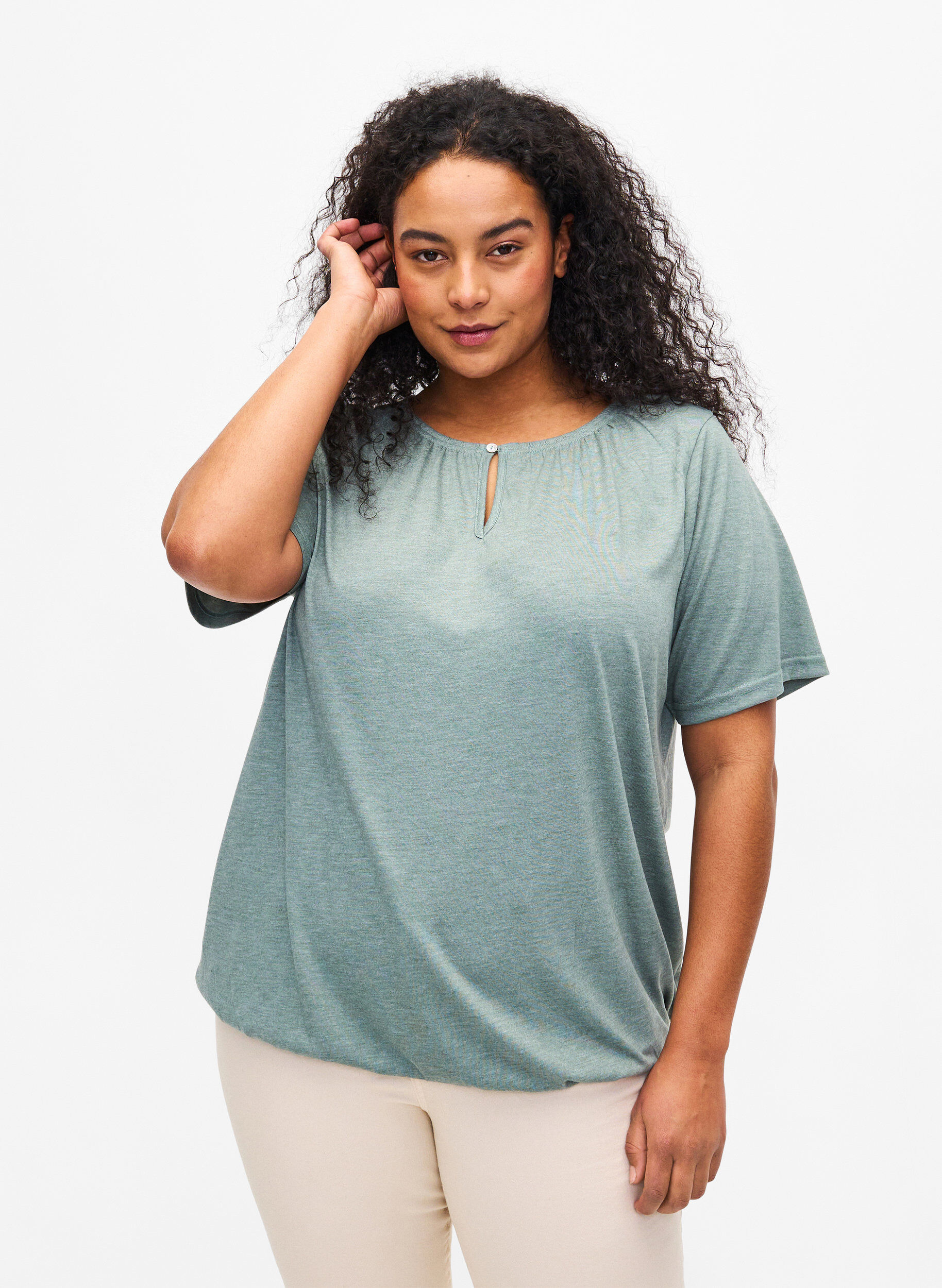 Zizzi Meleret bluse med korte &aelig;rmer, Chinois Green Mel., Model image number 0