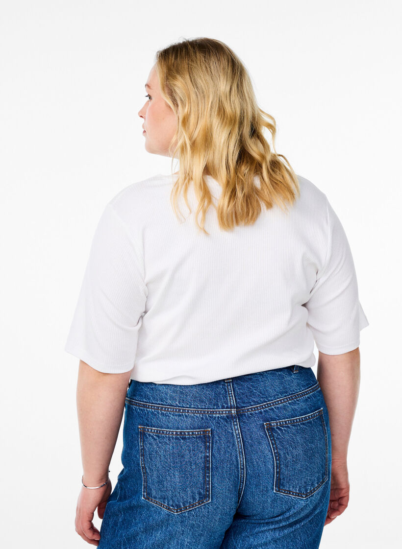 Ribbet jerseybluse med korte &aelig;rmer, Hvid, Model image number 2