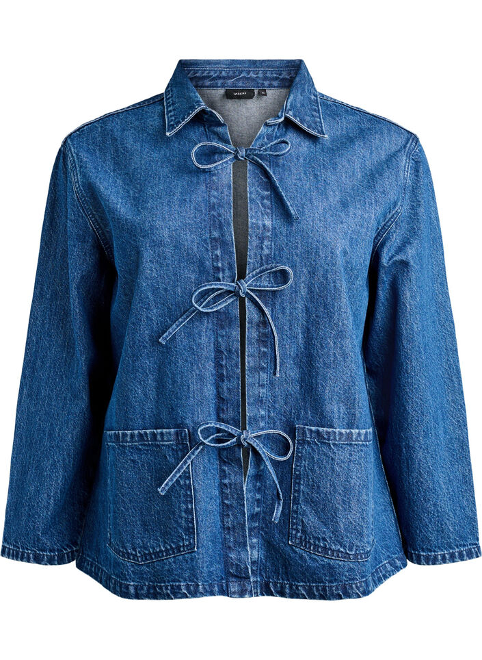 Denimjakke med bindelukning og lommer, Blue Denim, Packshot image number 0