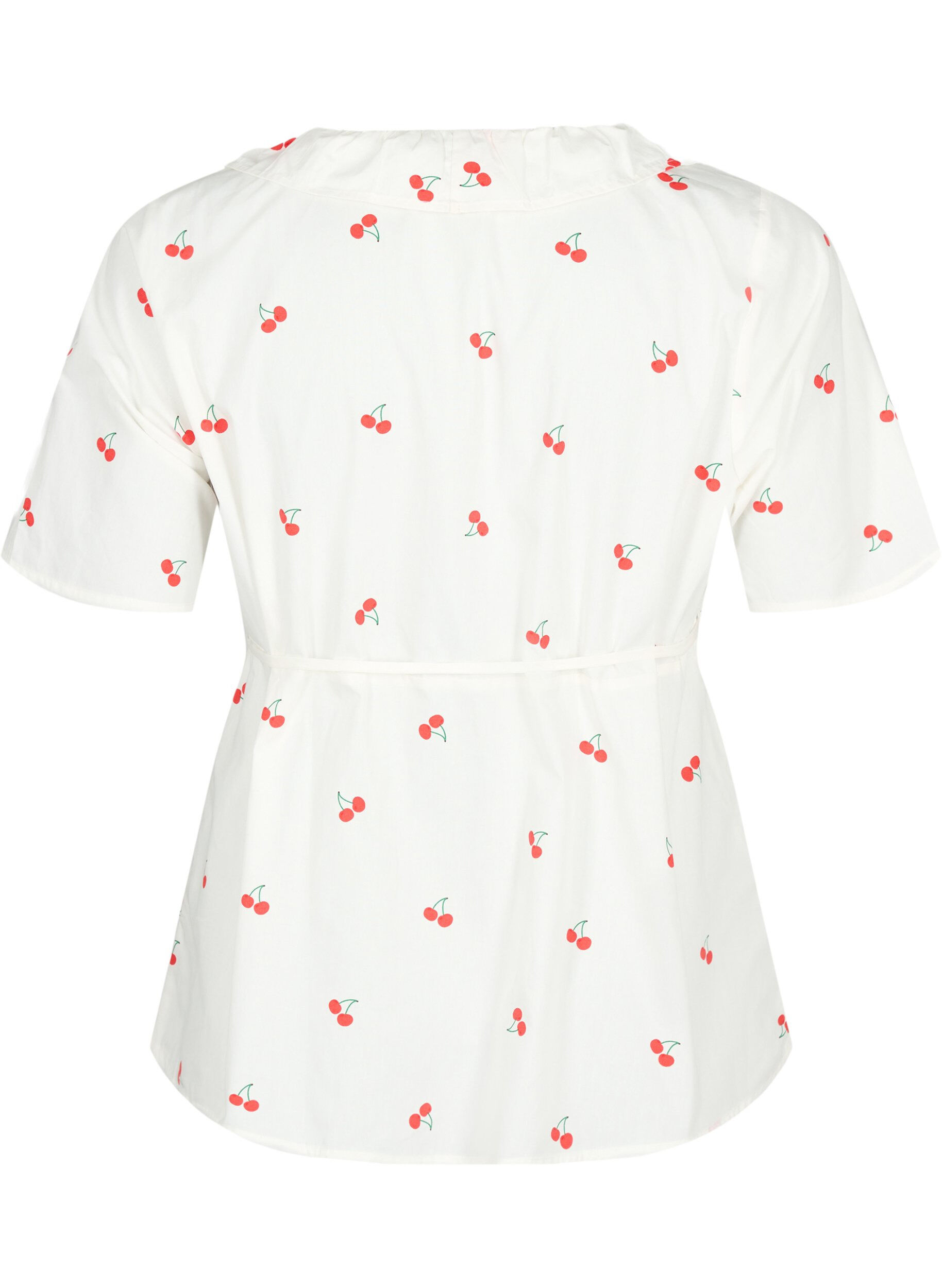 Zizzi Wrapbluse i bomuld med kirseb&aelig;rprint, B. White/Cherry, Packshot image number 1