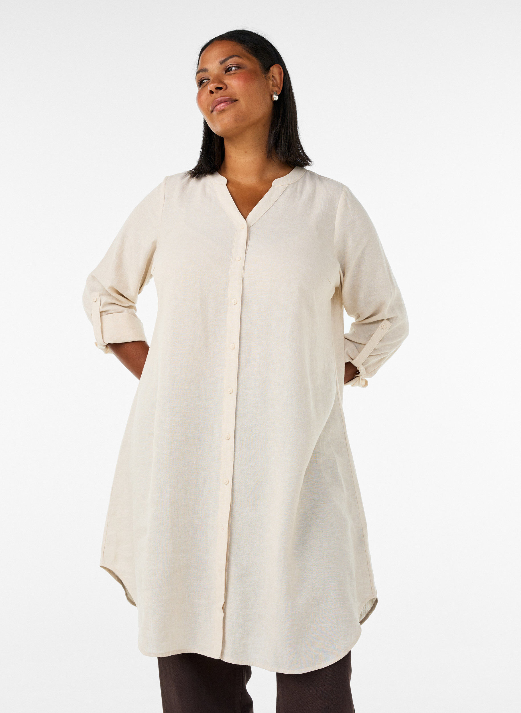 ZizziLang skjorte i h&oslash;r og viskose, Beige, Model image number 1