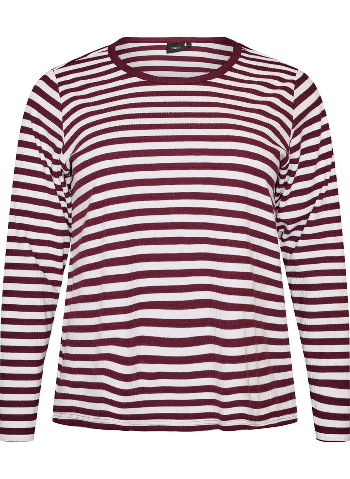 Lang&aelig;rmet natbluse i rib jersey med striber, R&oslash;d, Packshot image number 0
