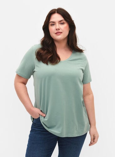 Ensfarvet basis t-shirt i bomuld, Chinois Green, Model image number 0