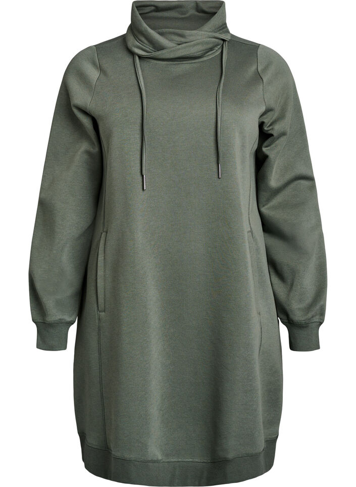 Kort sweatkjole med h&oslash;j krave og lommer, Gr&oslash;n, Packshot image number 0