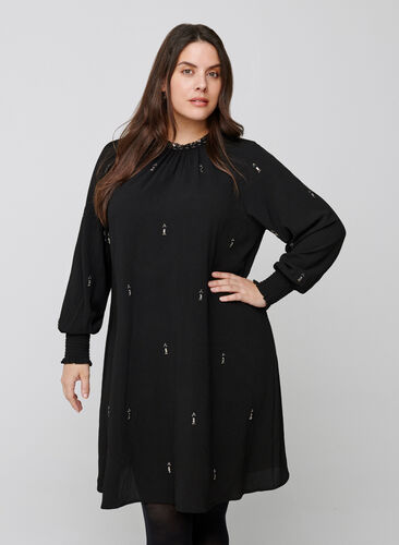 Langærmet kjole med perler og smock, Black, Model image number 0