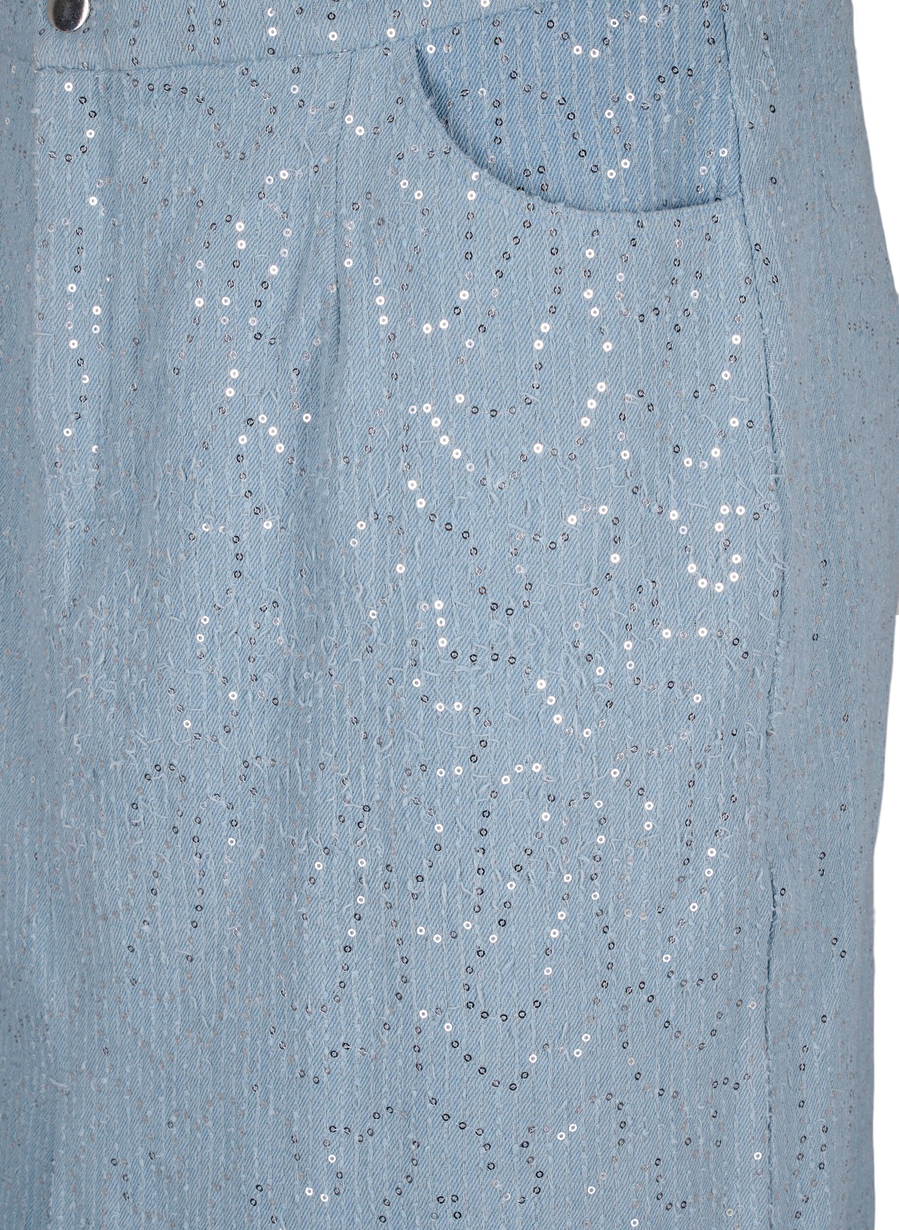 Zizzi Denim nederdel med slids og pailletter, Light Blue Denim, Packshot image number 2