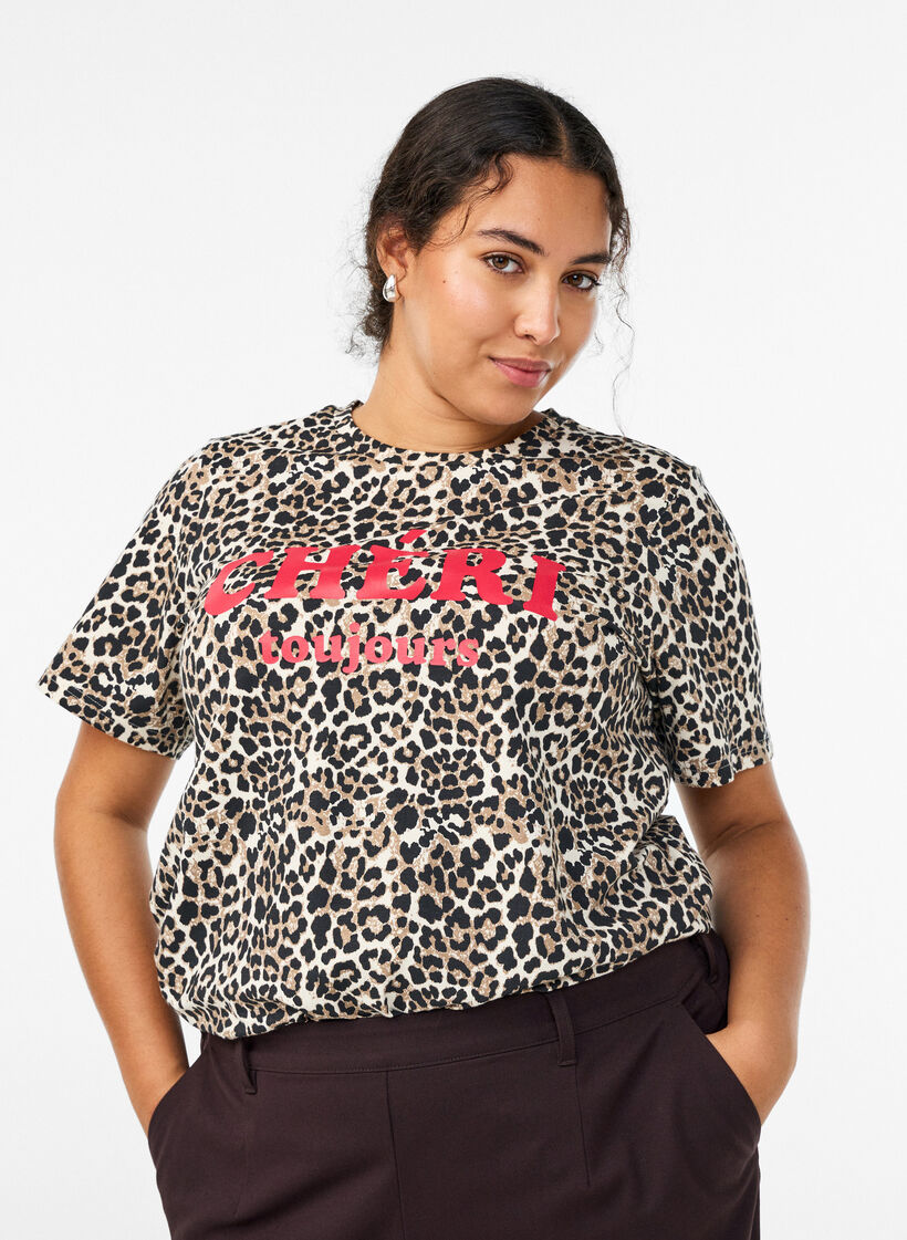 T-shirt med leopardprint og tekstmotiv, Brun, Model image number 0