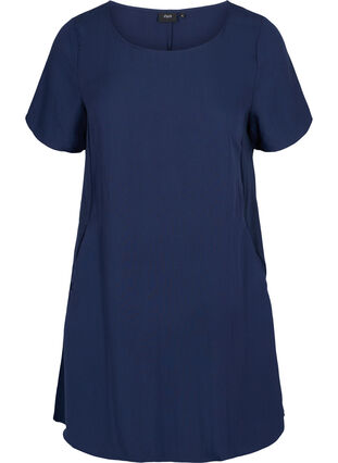 Kortærmet viskose kjole med lommer, Navy Blazer, Packshot image number 0