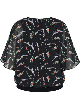 Bluse med blomsterprint og 3/4 ærmer, Black AOP, Packshot image number 1