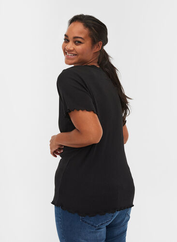 Kortærmet t-shirt i rib med blondekant, Black, Model image number 1