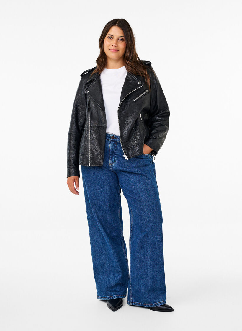 Læder bikerjakke med lommer, Black, Model image number 2