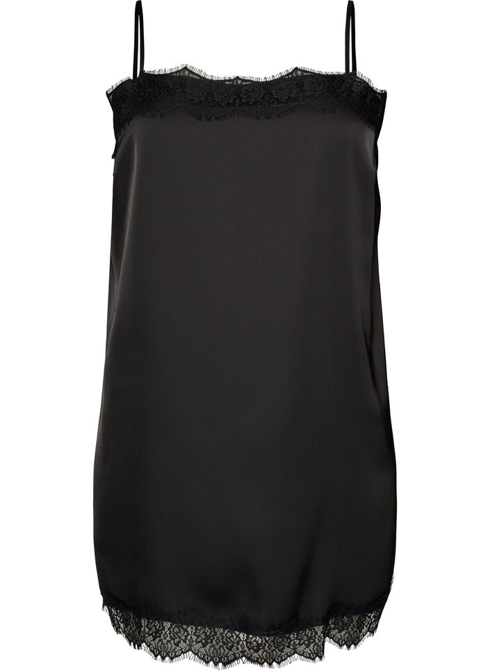 Lang satintop med blondekanter, Sort, Packshot image number 0
