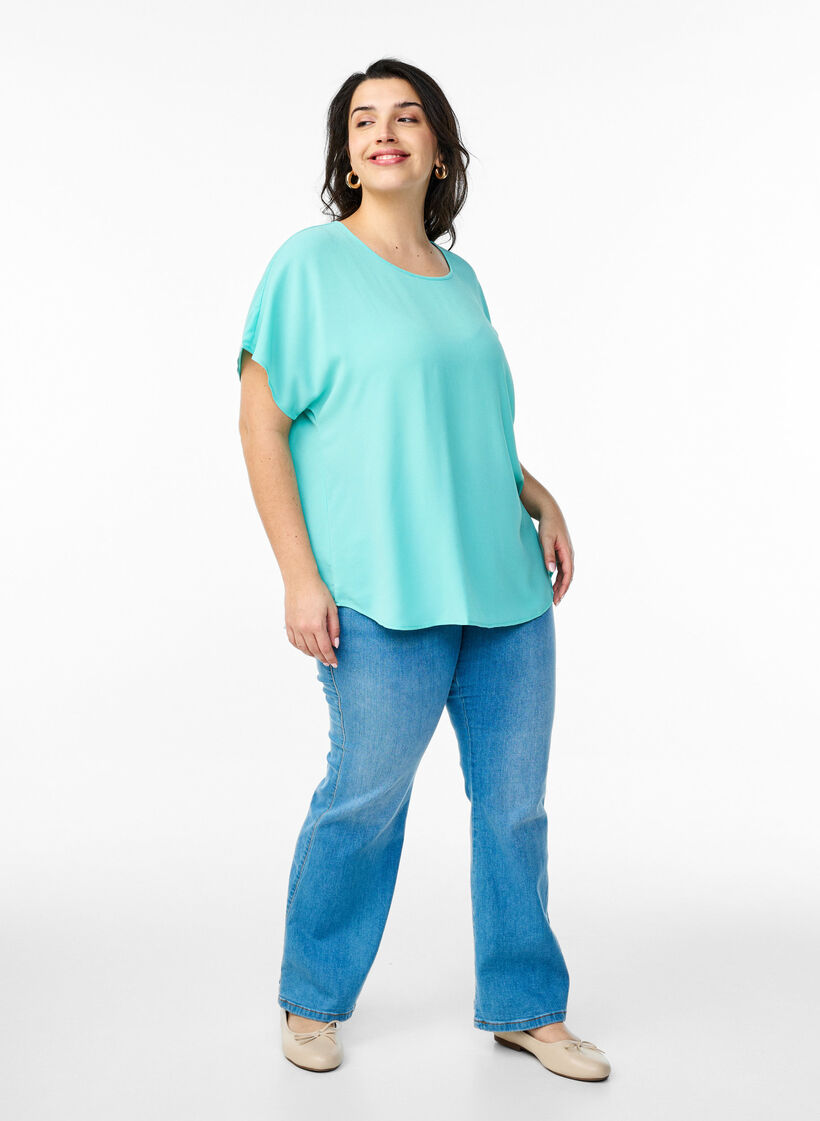 Bluse med korte &aelig;rmer og rund halsudsk&aelig;ring, Bl&aring;, Model image number 1