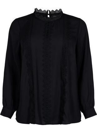 Langærmet bluse med blonder, Black, Packshot image number 0