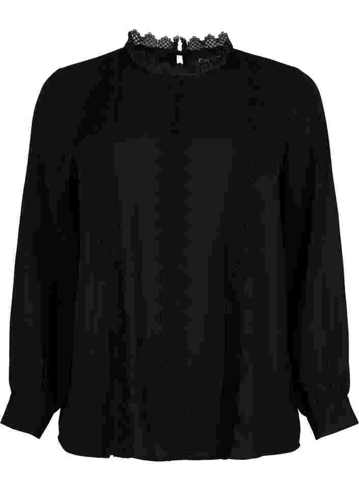 Langærmet bluse med blonder, Black, Packshot image number 0
