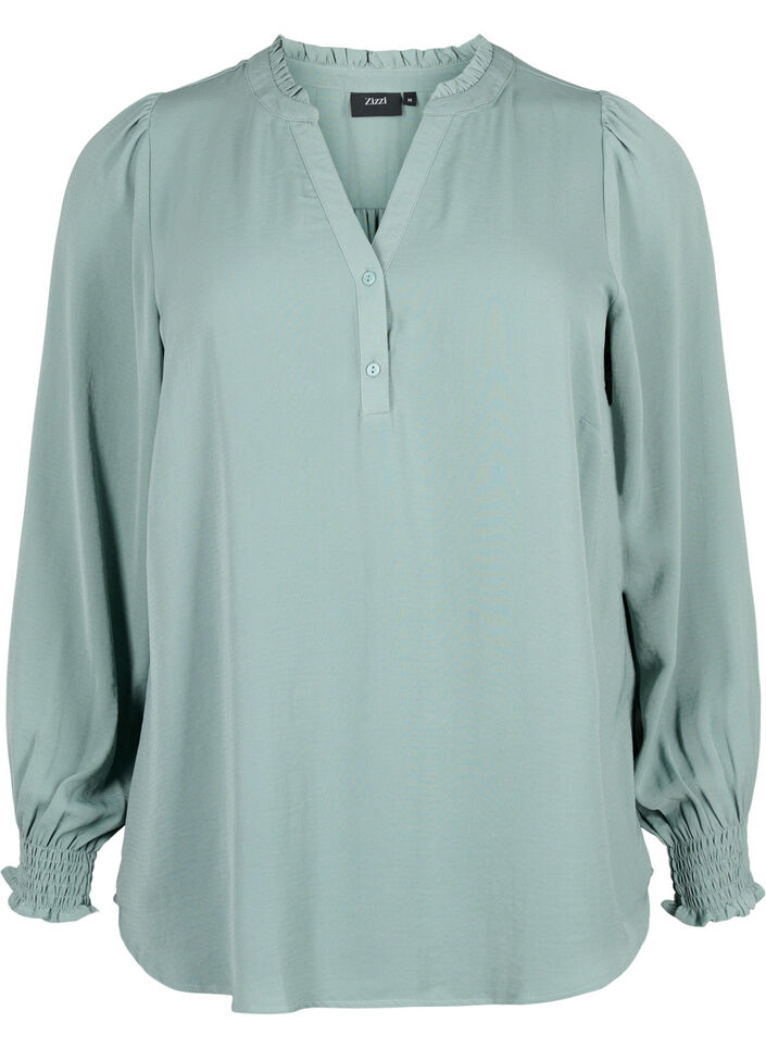 Bluse med smock og v-udskæring, Chinois Green, Packshot image number 0