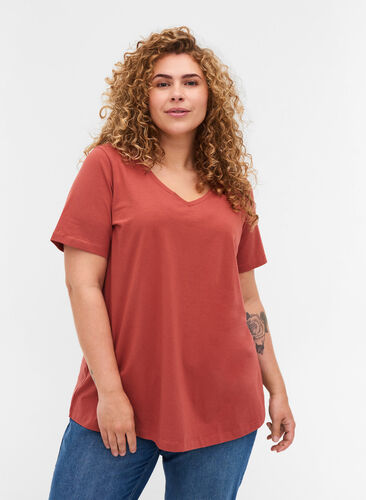 Basis t-shirt med v-hals, Marsala, Model image number 0