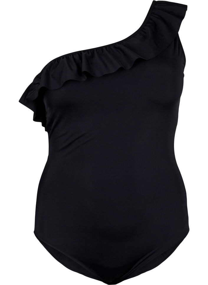 One-shoulder badedragt med flæse , Black, Packshot image number 0