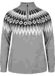 Jacquardmønstret strikbluse med høj hals og lynlås, Dark Grey Mel. Comb