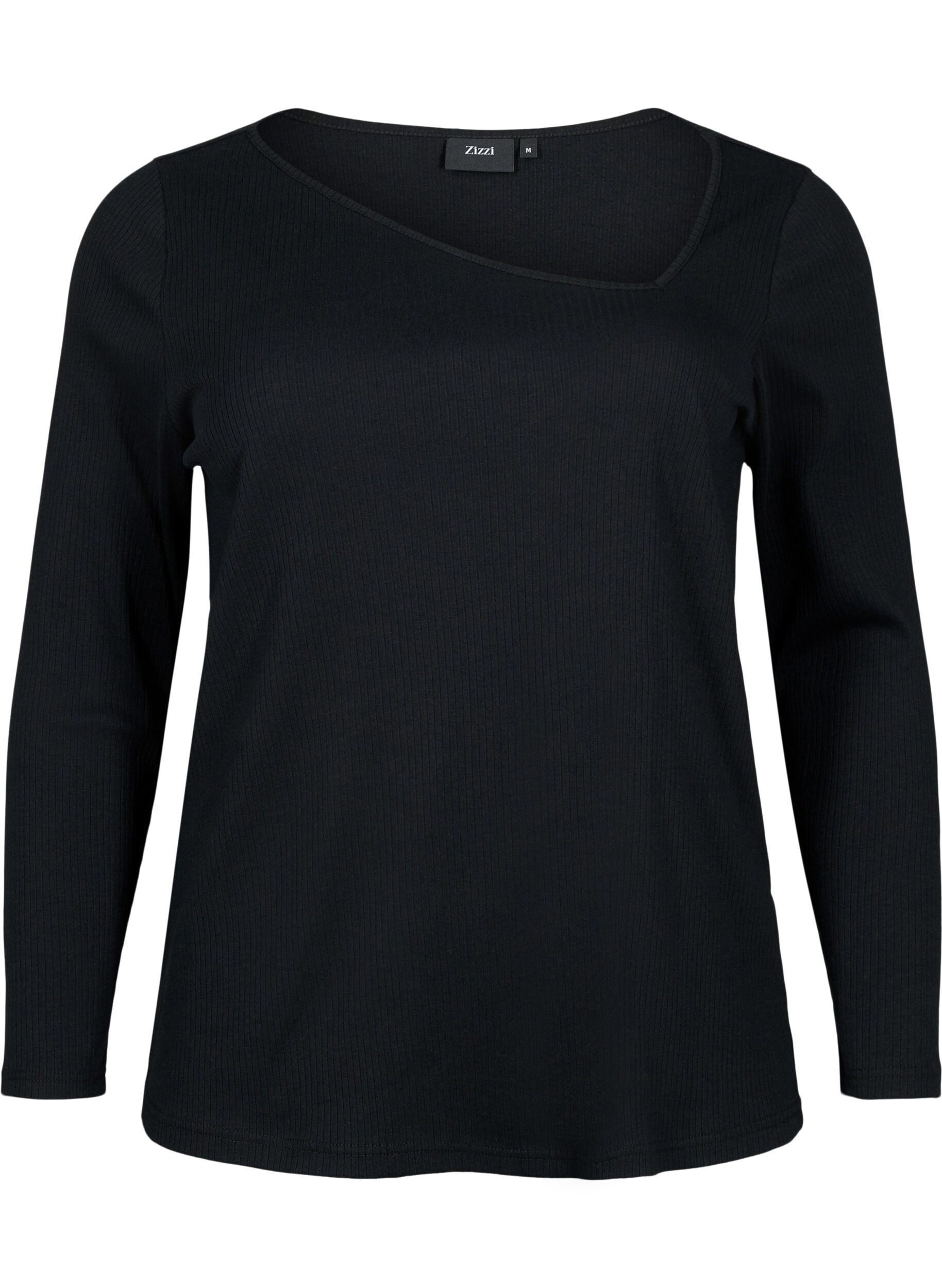 Zizzi Lang&aelig;rmet t-shirt med asymmetrisk udsk&aelig;ring, Black, Packshot image number 0