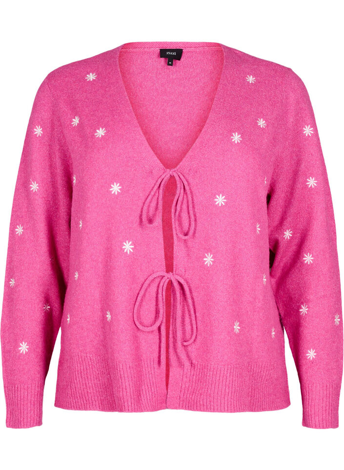 Strikket cardigan med bindedetaljer og broderi, Raspberry Rose Comb, Packshot image number 0