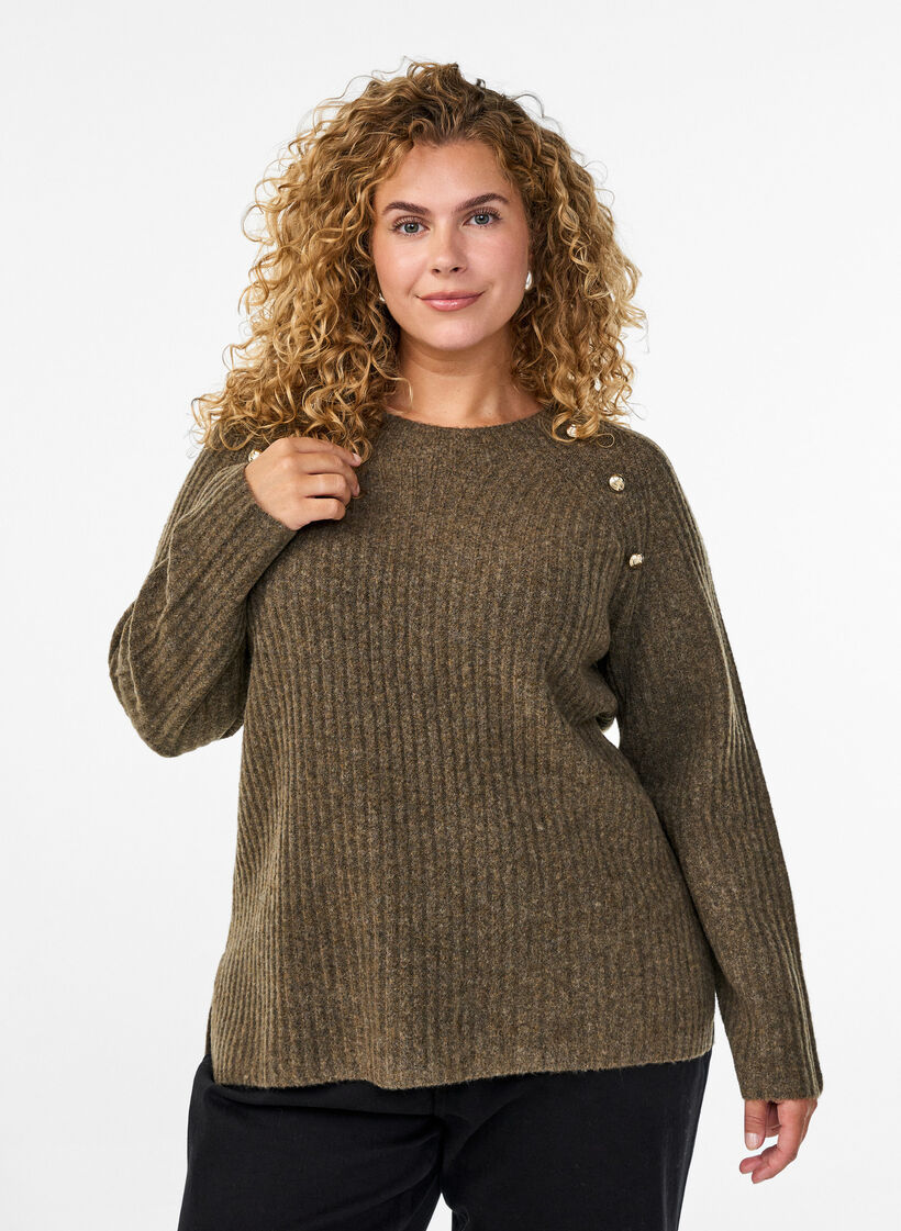 Ribstrikket sweater med dekorative knapper, Brun, Model image number 0